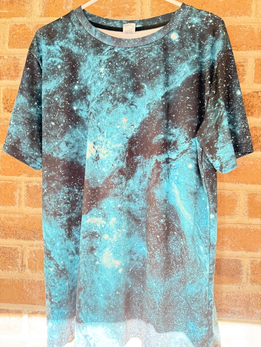 Galaxy-Print Short Sleeve Crewneck T-Shirt in Teal Blue - Unbranded